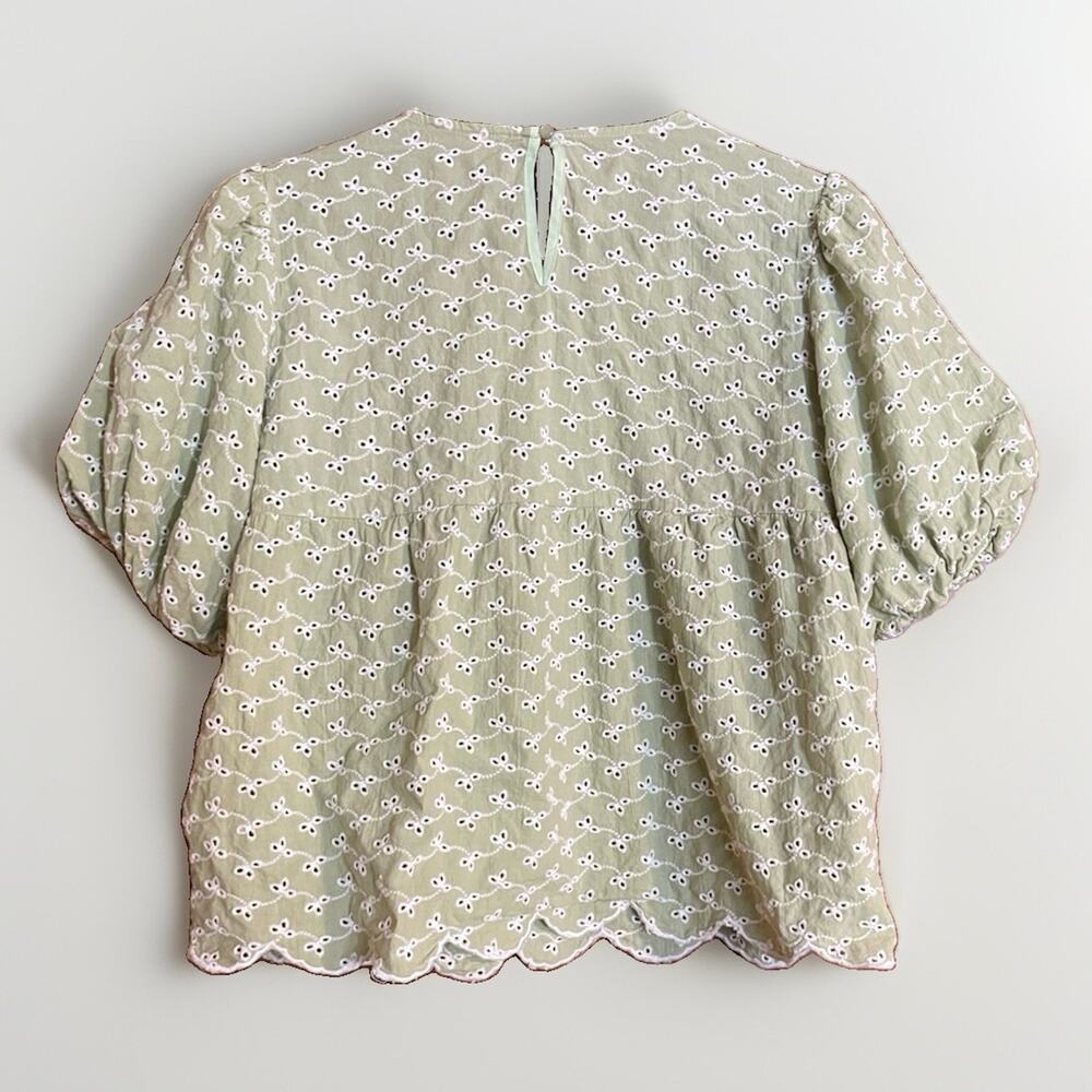THML Sage Green Eyelet Peplum Blouse Size Medium Puff Sleeve - Picture 2 of 3